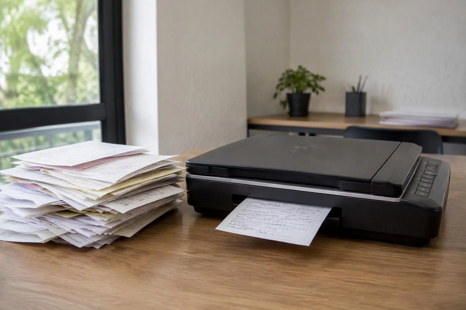 Notas e recibos empilhados ao lado de um leitor de documentos