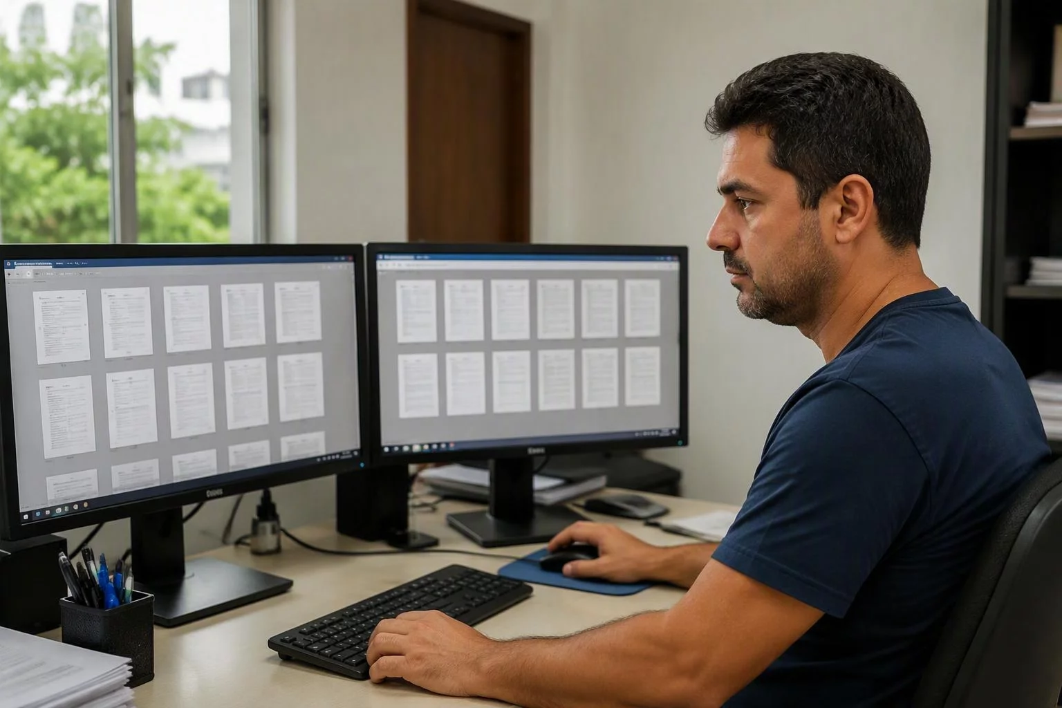 Analista conferindo documentos digitalizados em duas telas