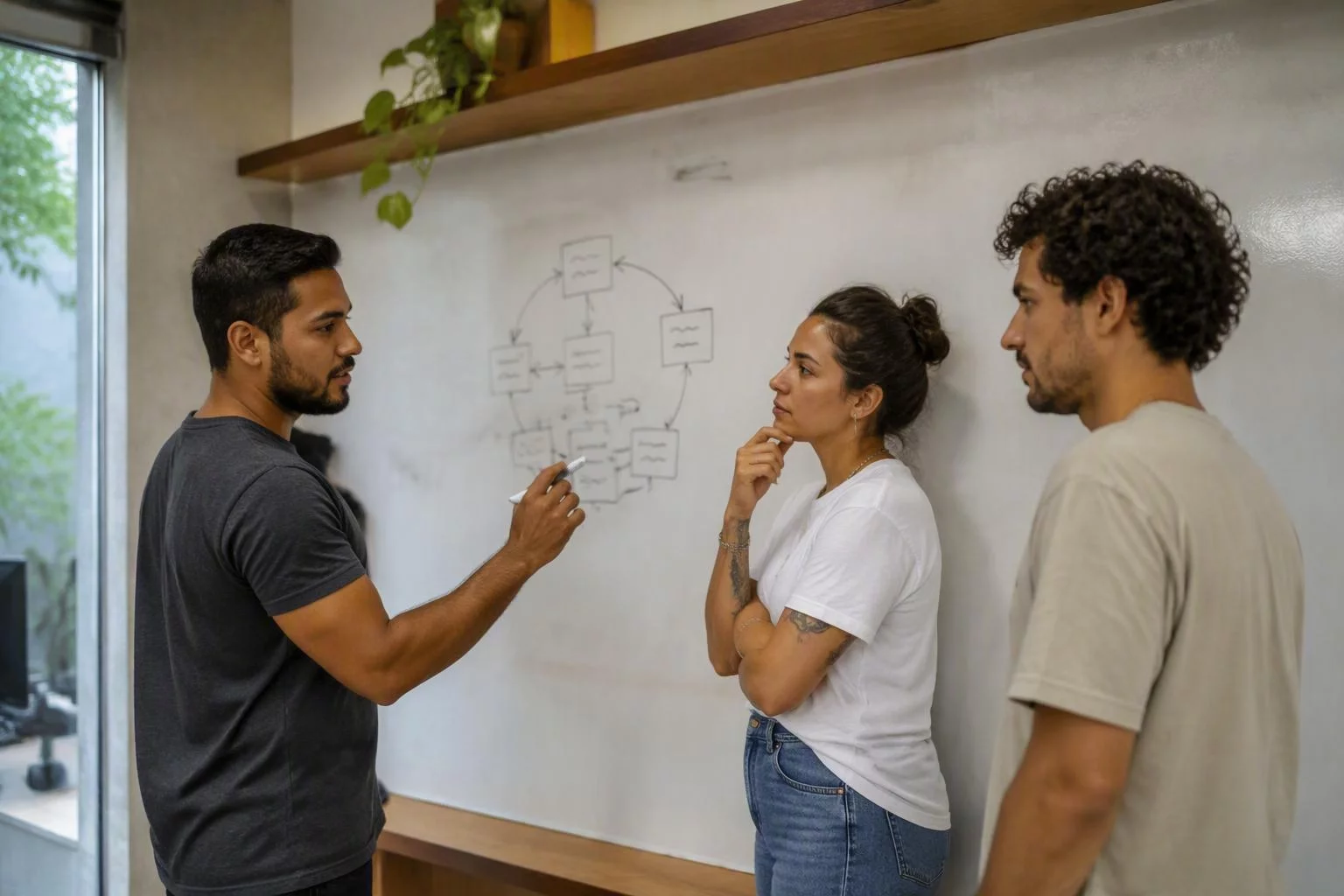 Equipe diante de um quadro com o ciclo de um documento desenhado