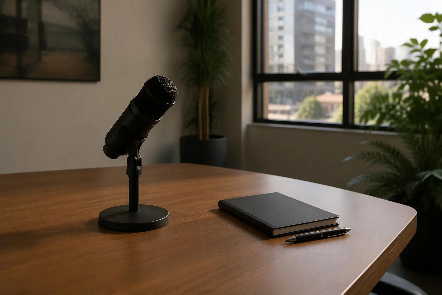 Microfone de mesa ao lado de um bloco de anotações